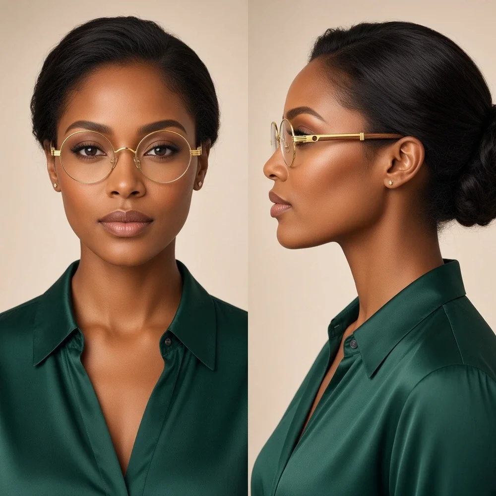 Women Round Sunglasses Gold Frame Wood Temple Vintage Style Clear Lens Festival
